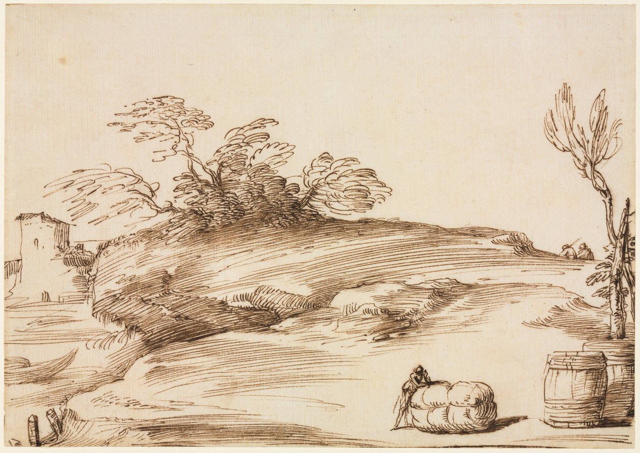 Landskap med en mann som lener seg på en ball, ca. 1640. av Guercino