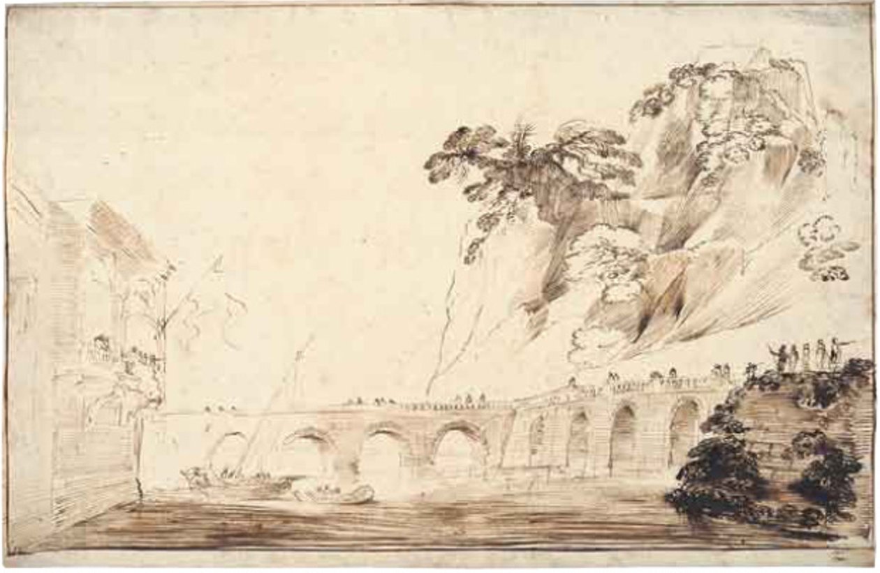 Landskap med en elv krysset av en bro, foret med tilskuere, som fører til en bygning med en overhengende loggia med et parti av tilskuere av Guercino