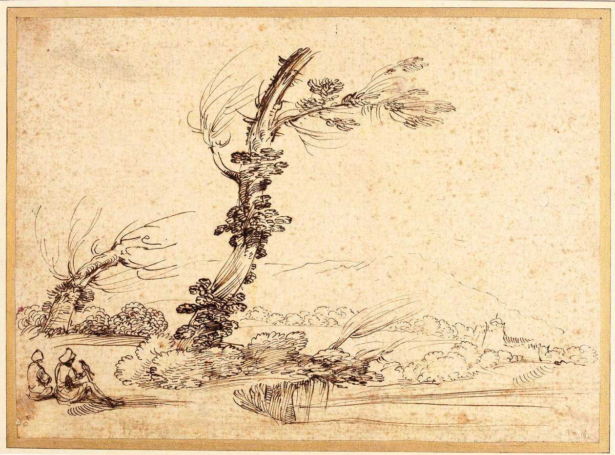 Landskap med falkonerere ved et tre av Guercino
