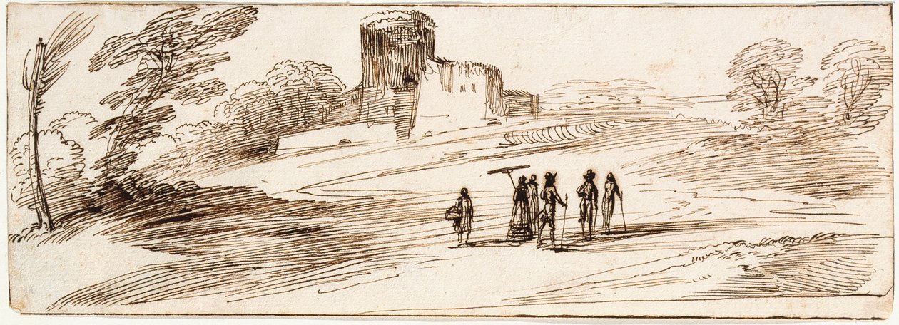 Landskap med borg og figurer av Guercino