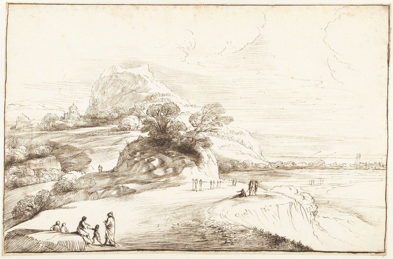 Fjelllandskap med en fjern utsikt av Guercino