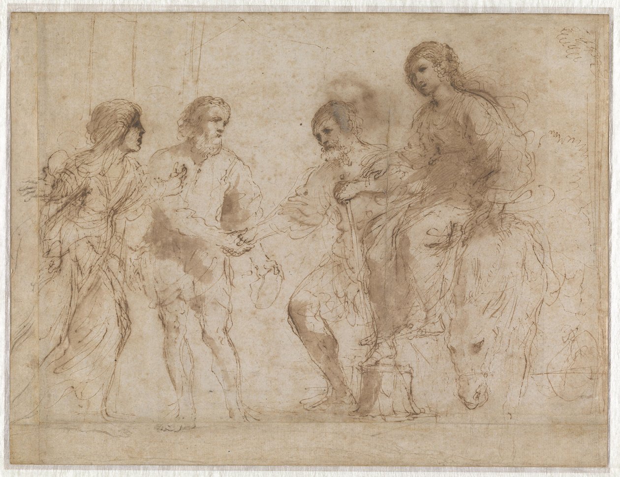 Møte mellom Maria og Josef foran huset til Elisabet og Sakarja (forside), Maria og Elisabet ved foten av en trapp (bakside) av Guercino