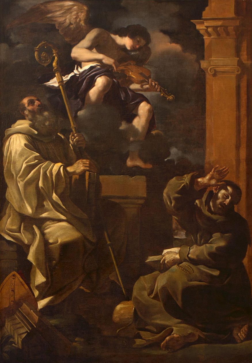 Saint Benedict og Saint Francis lytter til en musikerengel. av Guercino