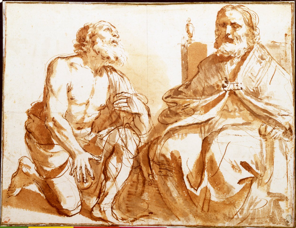 Sittende biskop og knelende helgen av Guercino