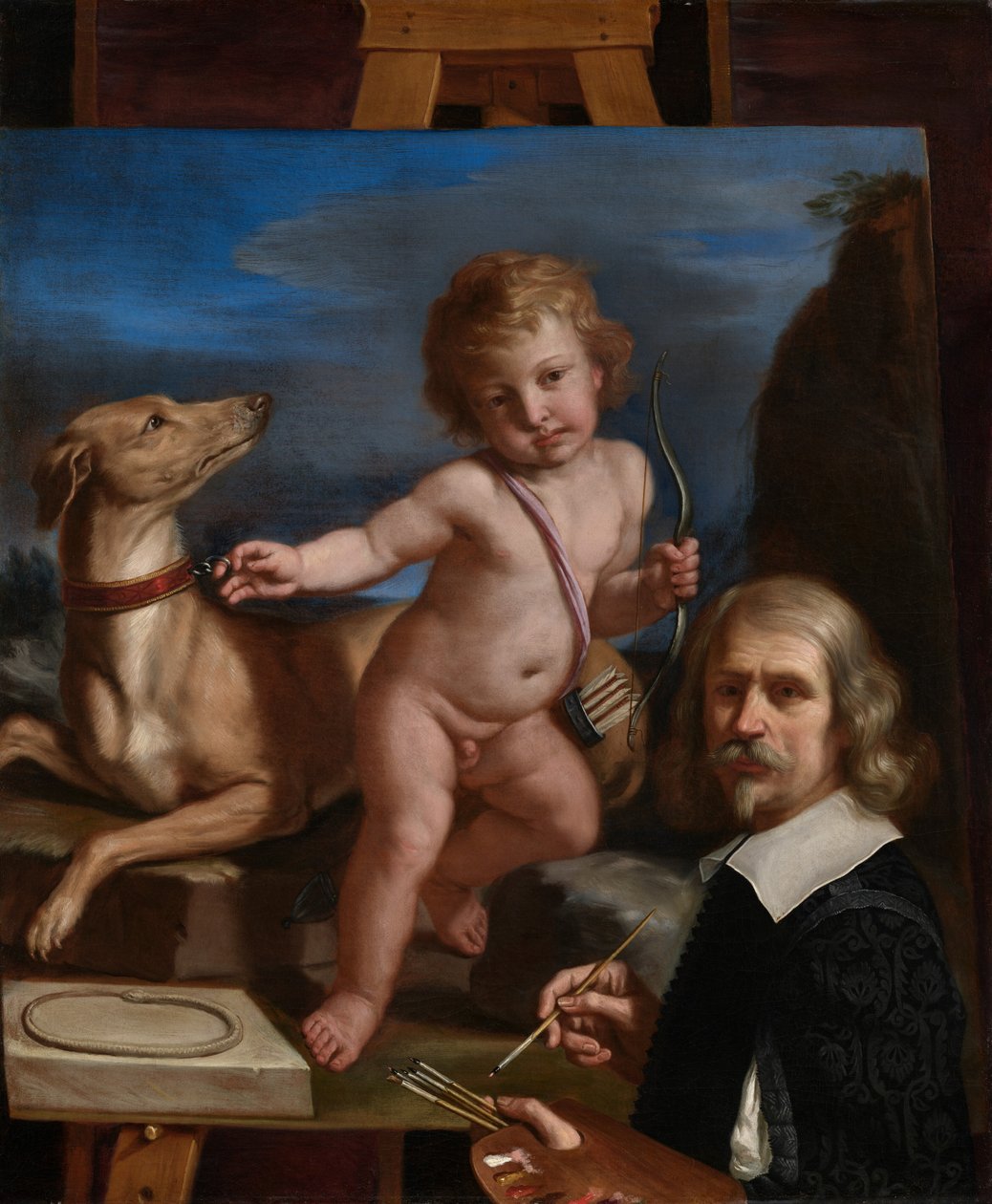 Selvportrett foran et maleri av «Amor Fedele» av Guercino