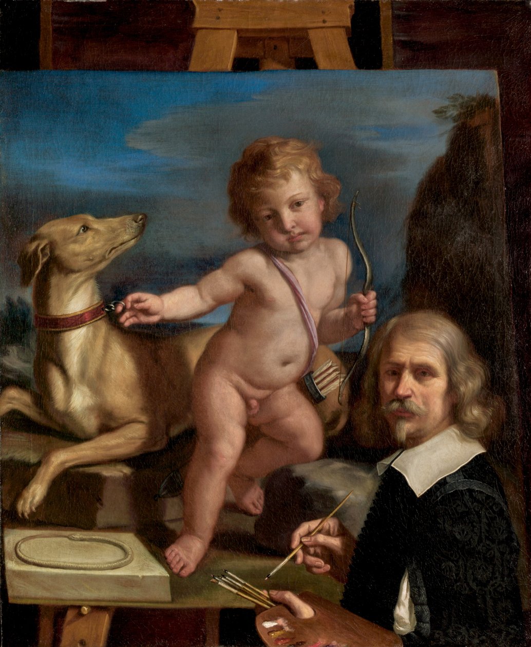 Selvportrett før et maleri av Amor Fedele, 1655. av Guercino