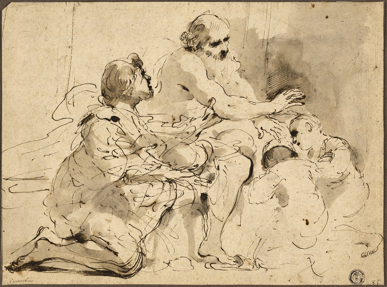 Studie for Jakob velsignelse av Josefs sønner (rekto); Skisser: Sankt Christopher; To figurer i samtale om penger (verso) av Guercino