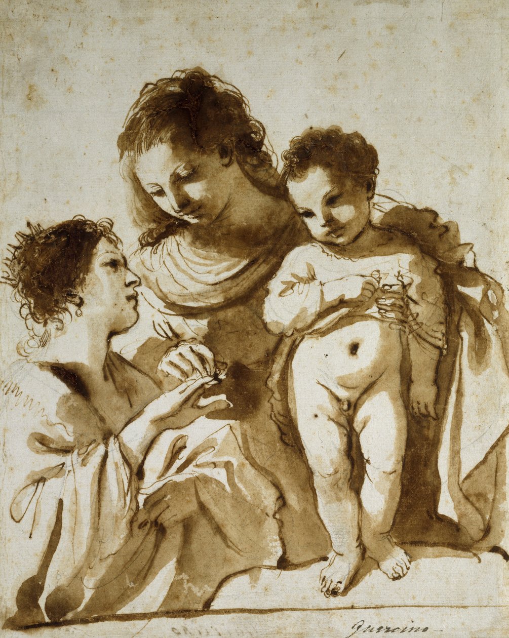 The Mystic Marriage of St Catherine, 1618-19 (penn og brunt blekk med brun vask over indikasjoner i svart kritt på hvitt papir) av Guercino