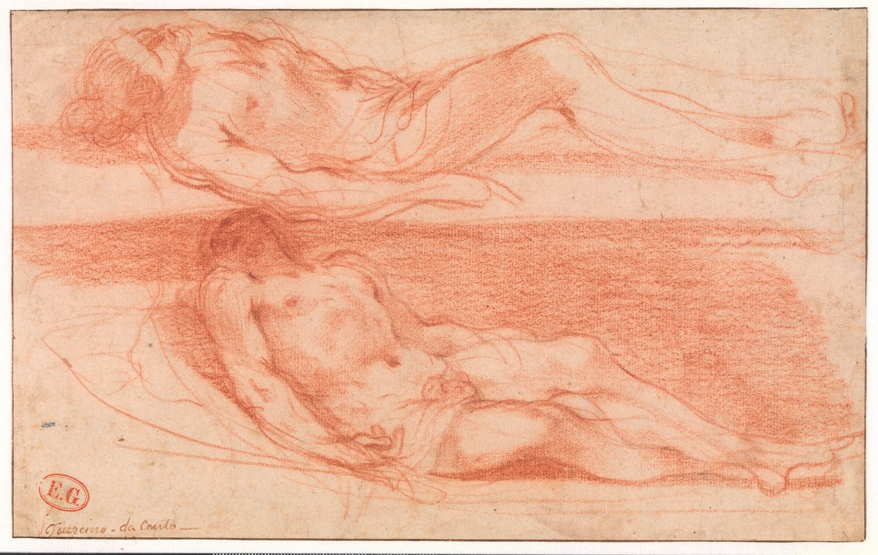 To studier av en liggende halvnaken mann av Guercino