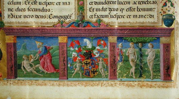 Skapelsen og fristelsen til Adam og Eva med våpenskjoldet til huset til Este, fra Bible des Chartreux av Guglielmo Giraldi