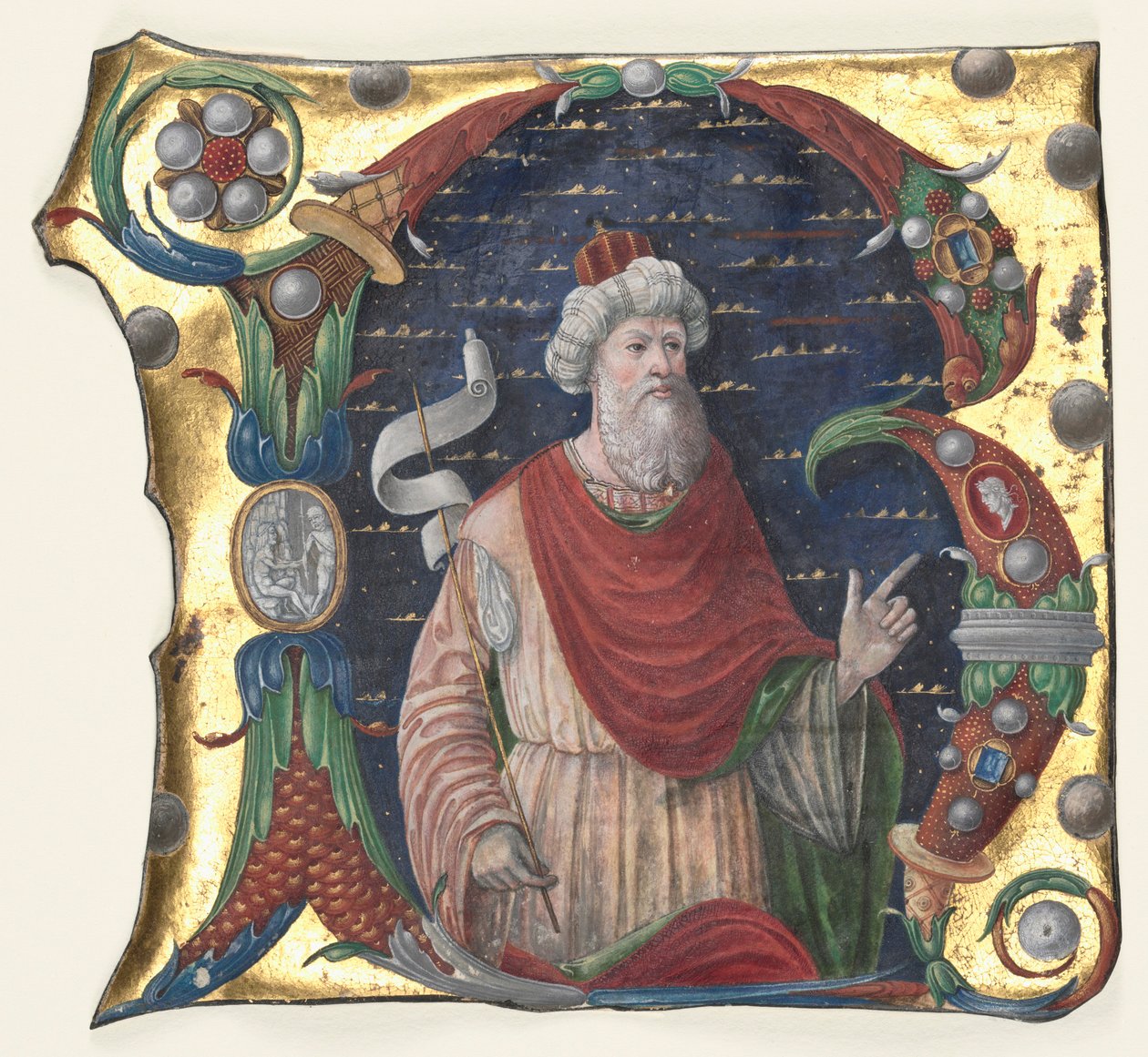 Innledende R fra en korbok med kong David, ca. 1470-1480. av Guglielmo Giraldi del Magri [or del