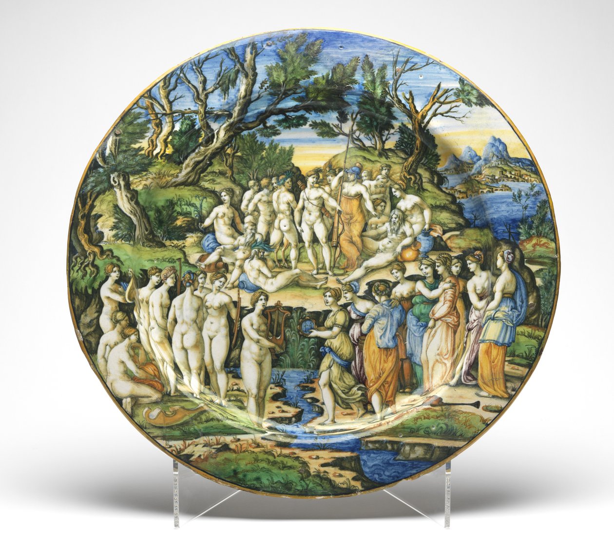 Konkurransen mellom musene og pieridene, ca. 1545-50 (tinnglasert lertøy) av Guido Durantino
