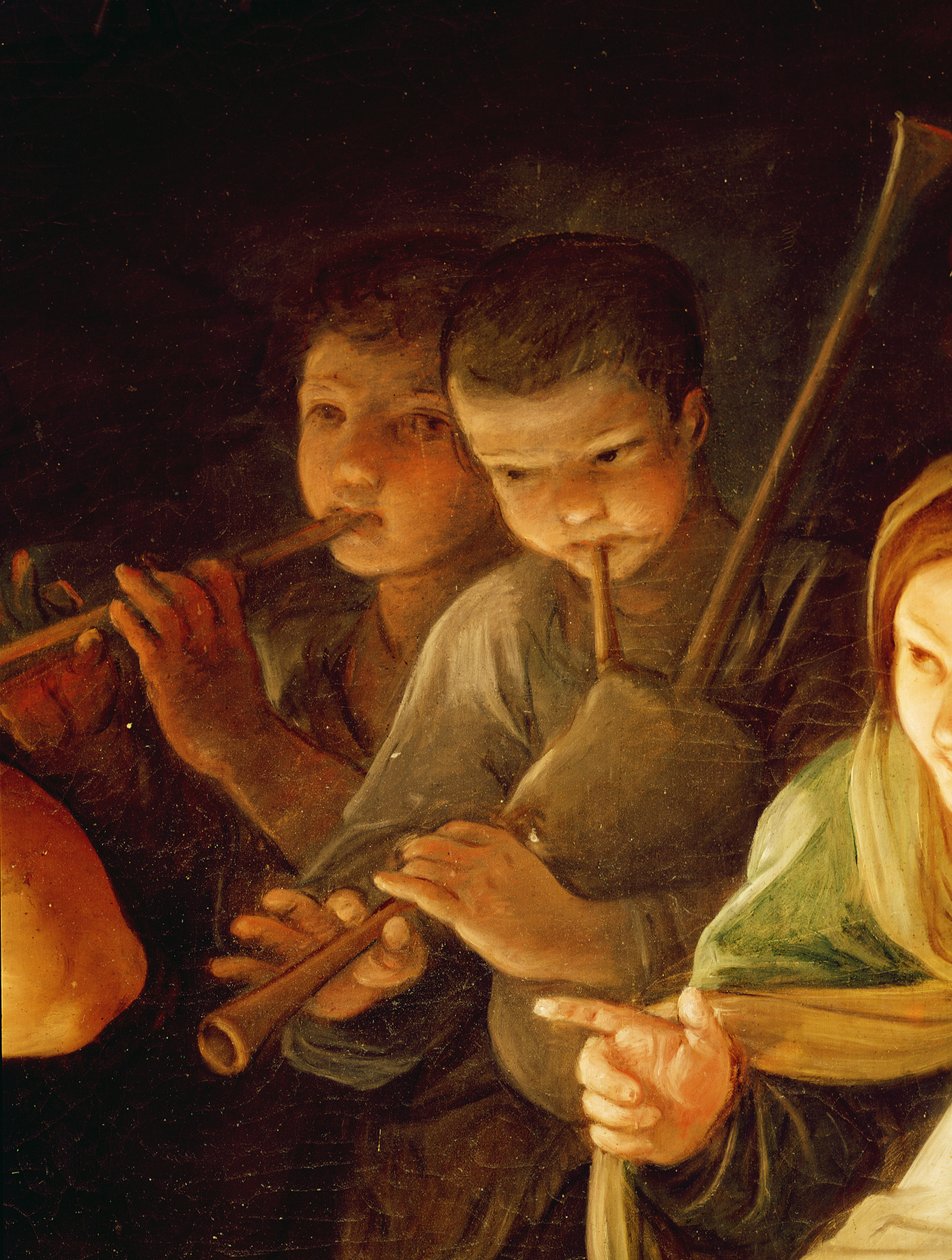 Tilbedelse av Shepherds detalj av de unge musikerne i bakgrunnen, 1642 olje på lerret av Guido Reni