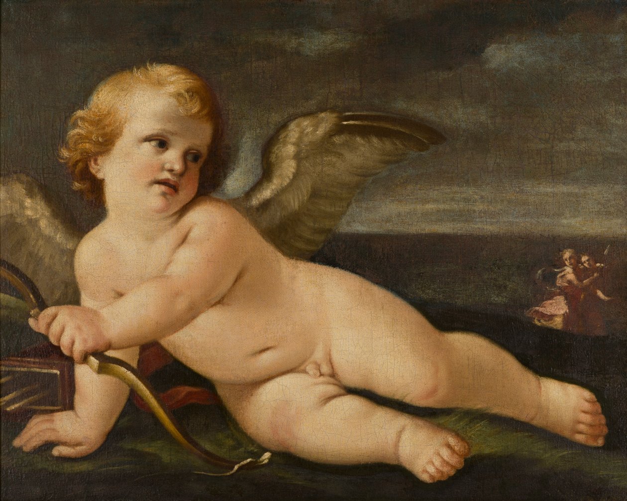 Amor med bue, ca. 1595-1642 (olje på lerret) av Guido (follower of) Reni