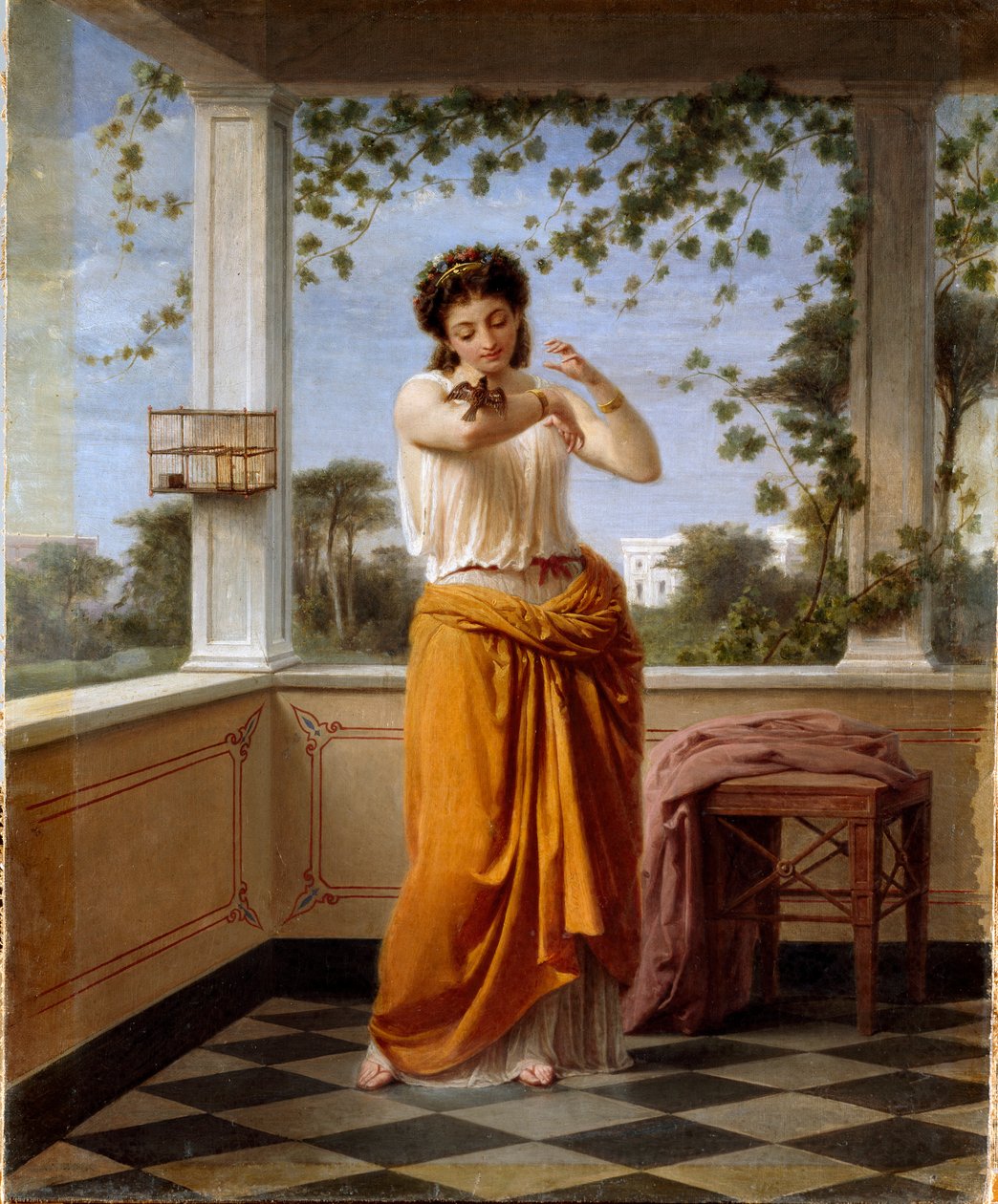 Den flyktende unge kvinnen i nyklassisistisk dekor, en liten fugl som rømmer fra buret sitt sitter på armen hans. Maleri av Guido Gonin (1833-1906) Dim. 57x47 cm Genes Nervi, Galleria av Arte Moderna, inv. 102 av Guido Gonin