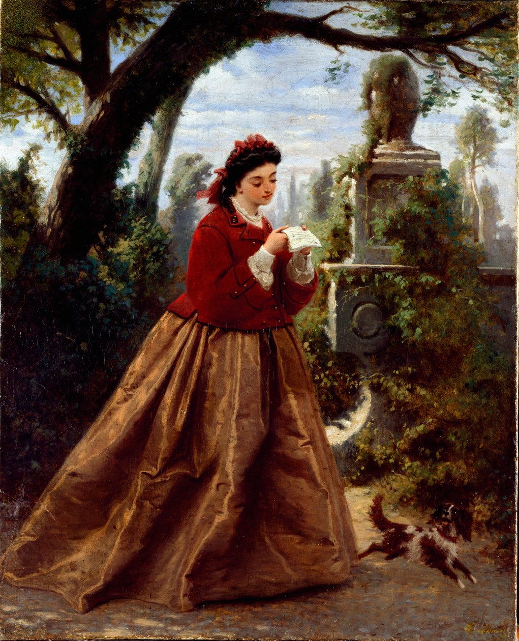 Brevet Ung kvinne som leser et brev sannsynligvis om kjærlighet, i et romantisk landskap. Maleri av Guido Gonin (1833-1906) 1868 Genes, Galleria d