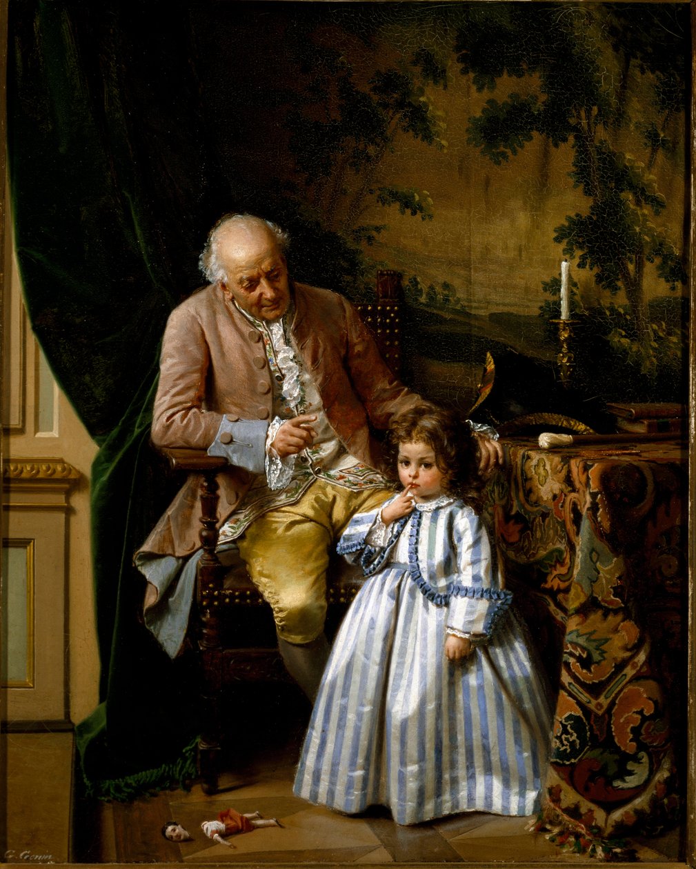 Irettesettelsen. En liten jente får kjeft fordi hun knuste dukken sin. Leken falt på gulvet. Maleri av Guido Gonin (1833-1906) av Guido Gonin