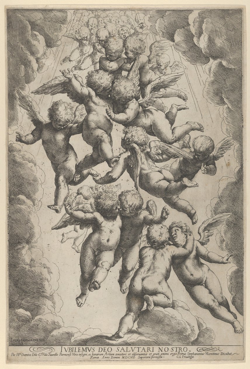 A group of angels embracing in flight, framed by clouds, ca. 1607., ca. 1607.    1169420   no       norwegian Successfully Translated  Original: Scene from The Invisible Man: breaking window, 1953. Translat: Scene from The Invisible Man: breaking window, 1 av Guido Reni