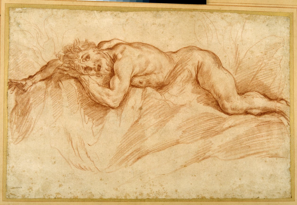 En livredd naken mann, utsatt på steinete grunn (rødt kritt på papir) av Guido Reni