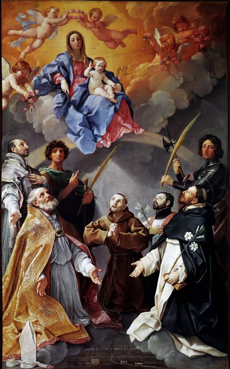 Pestens altertavle: Jomfru med barn med den hellige Petronius, den hellige Frans, den hellige Ignatius, den hellige Frans Xavier, Proculus av Bologna og Florian (maleri av Guido Reni