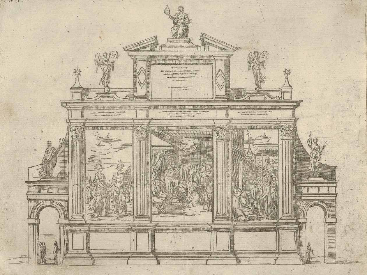Fasade av et triumfmonument med tre scener som viser gjerninger til pave Clement VIII, en t..., 1598. av Guido Reni
