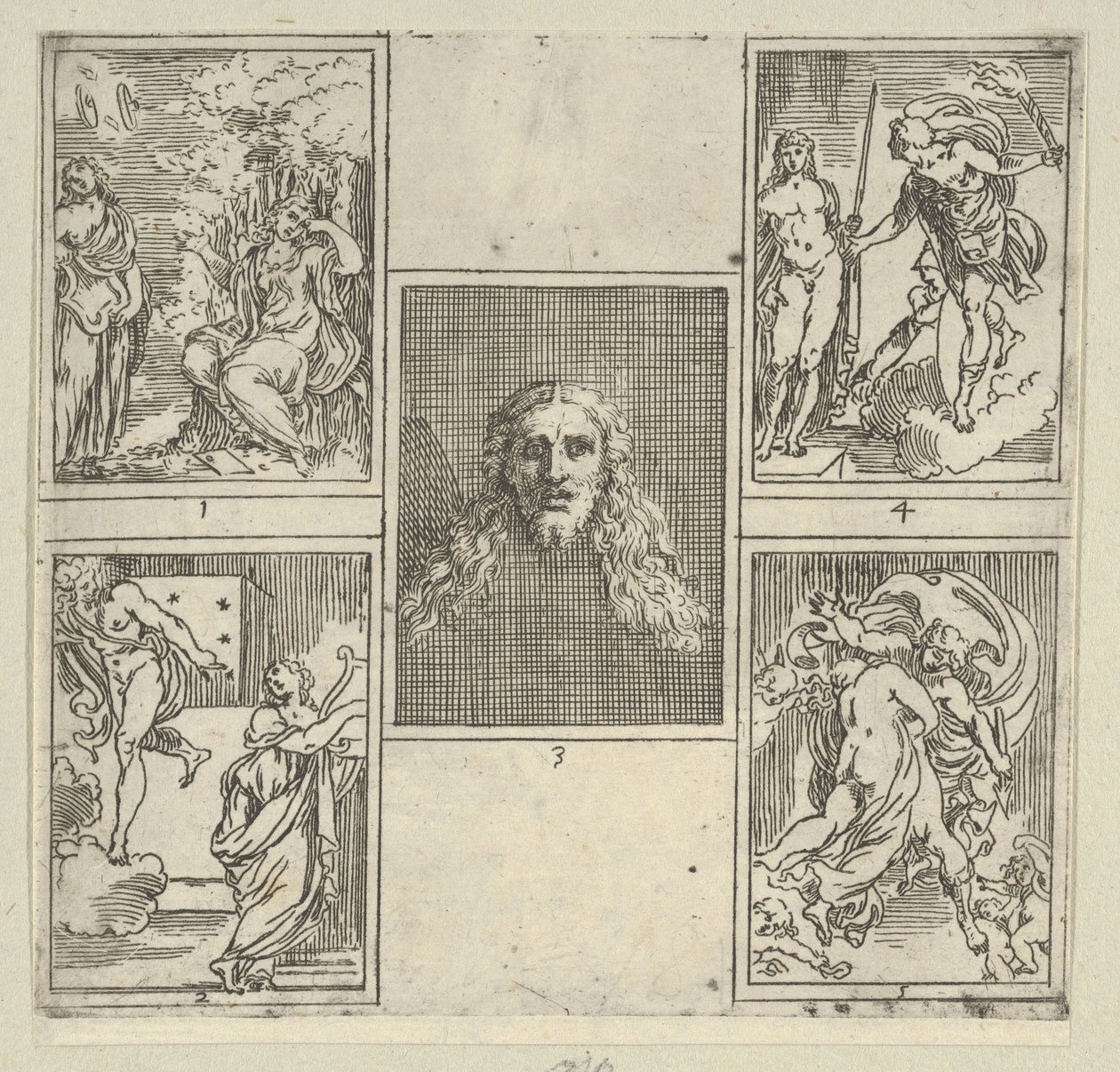 Fem nummererte scener, hver etter en maler i Accademia Degli Incamminati, fra IL FUME..., 1603. av Guido Reni