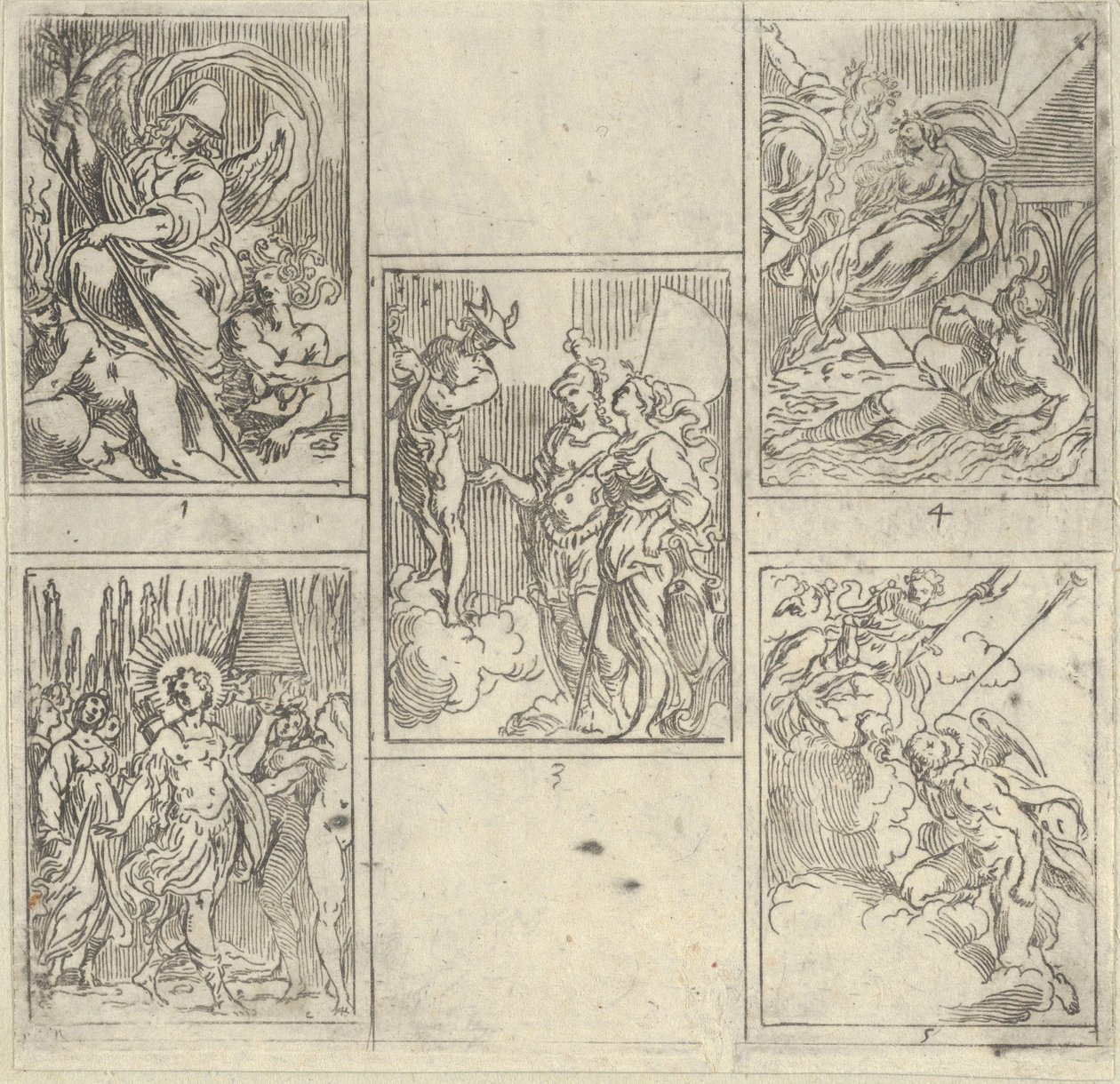 Fem nummererte scener, hver etter en maler i Accademia Degli Incamminati, fra IL FUME..., 1603. av Guido Reni