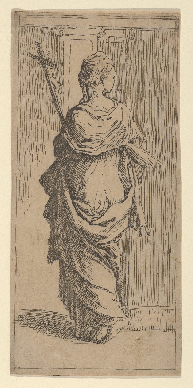 Jente som bærer et krusifiks og går mot en pilaster, sett bakfra, ca. 1590-1600. av Guido Reni