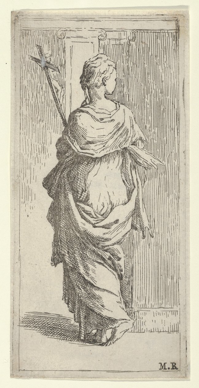 Jente som bærer et krusifiks og går mot en pilaster, sett bakfra, ca. 1590-1600. av Guido Reni