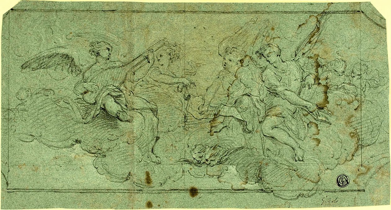 Musiker Angels in Clouds (rekto); Sittende geistlig (verso) av Guido Reni