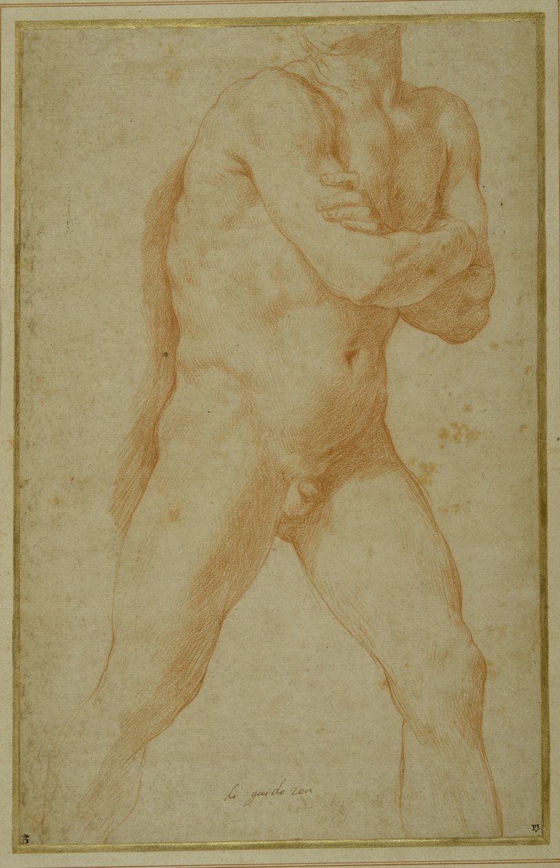 Naken mann som går fremover, med armene foldet og ser over denne høyre skulderen (rødt kritt på krempapir) av Guido Reni