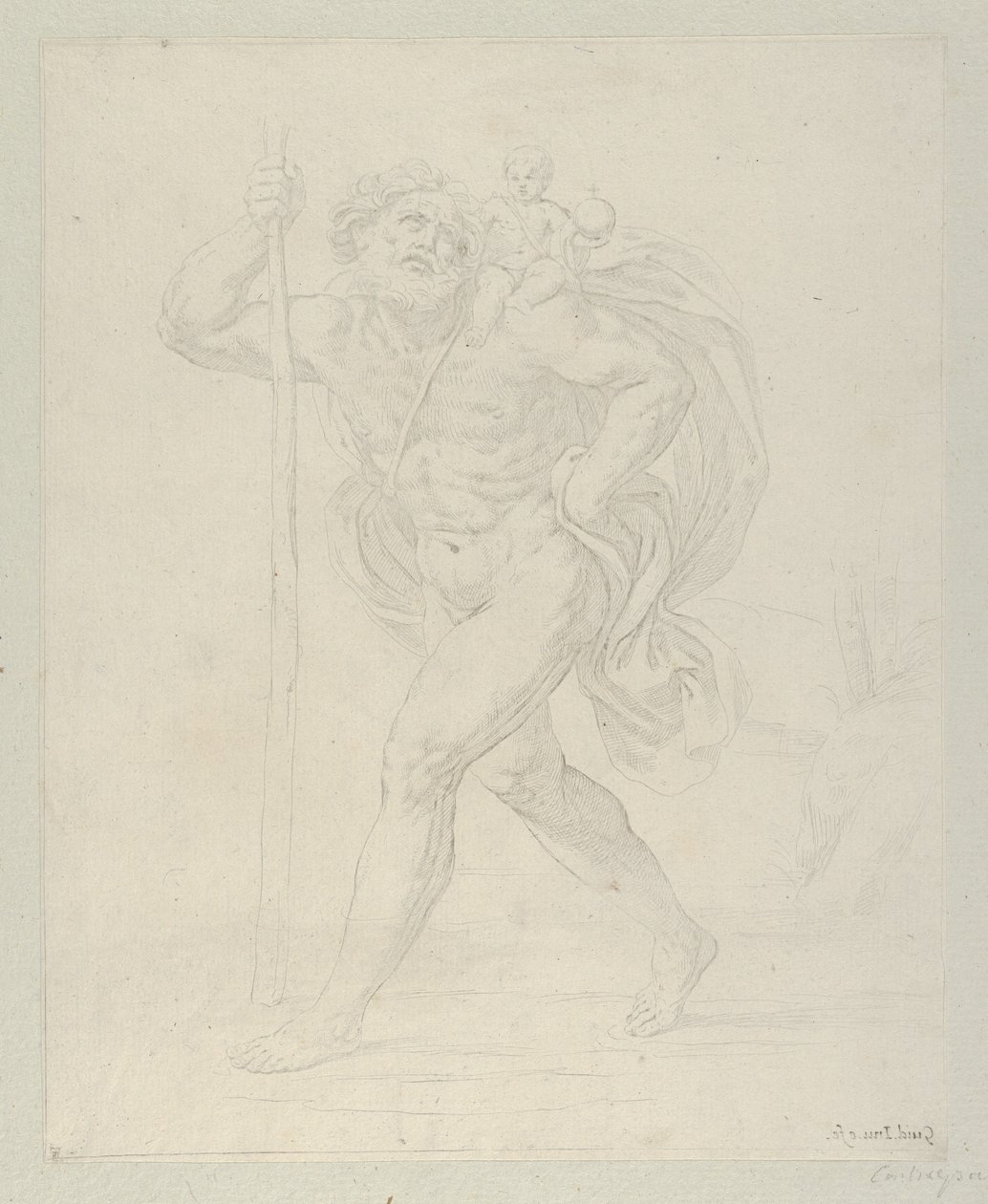 Saint Christopher går med spedbarnet Kristus på venstre skulder, motpro..., ca. 1600-1640. av Guido Reni