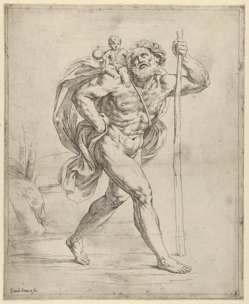 Saint Christopher går med spedbarnet Kristus på høyre skulder, ca. 1600-1640. av Guido Reni