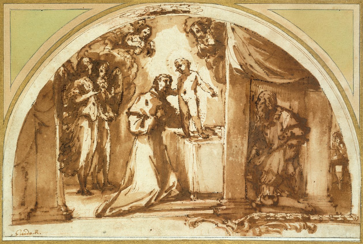 Saint Francis Adoring the Infant Christ (rødt kritt, penn og brunt blekk, brun vask) av Guido Reni