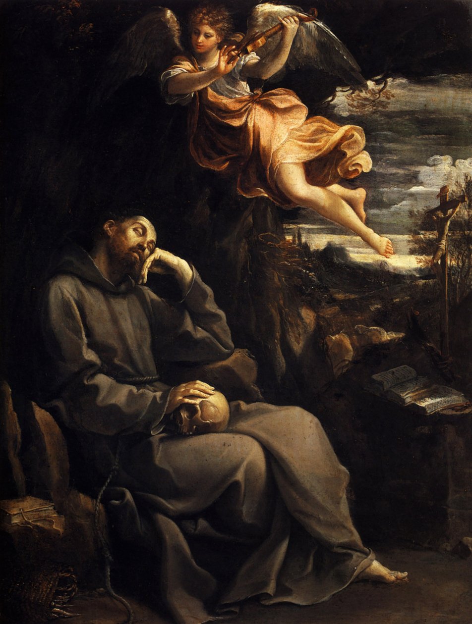 Saint Francis trøstet av den musikalske engelen av Guido Reni