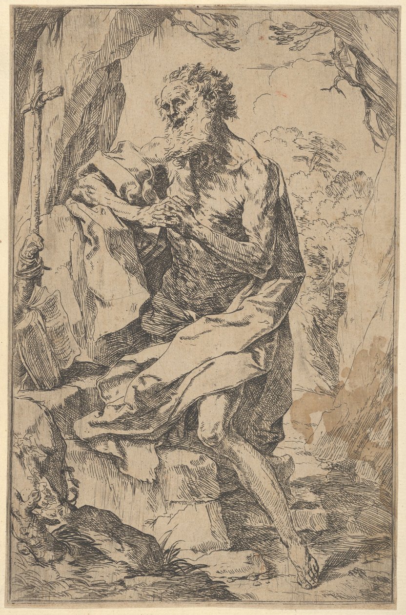 Saint Hieronymus kneler på en stein foran et kors og en åpen bok vendt mot venstre,..., ca. 1600-1640. av Guido Reni