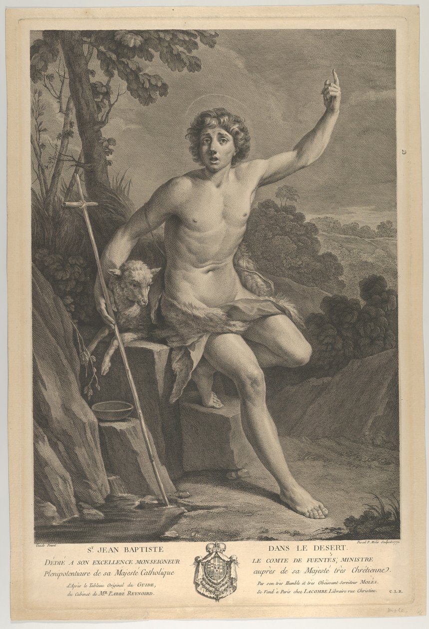 Døperen Johannes i ørkenen, sittende på en stein og peker oppover med venstre h..., 1770 av Guido Reni