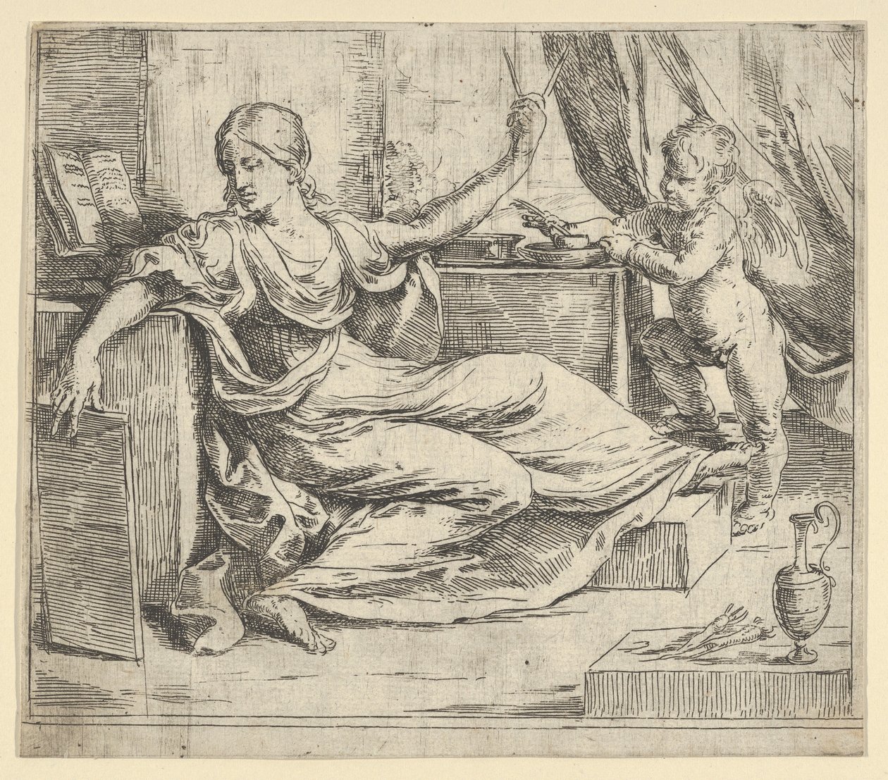 Sittende kvinne som holder et nettbrett og kompass allegori om læring, en bevinget putto ..., ca. 1600-1640. av Guido Reni