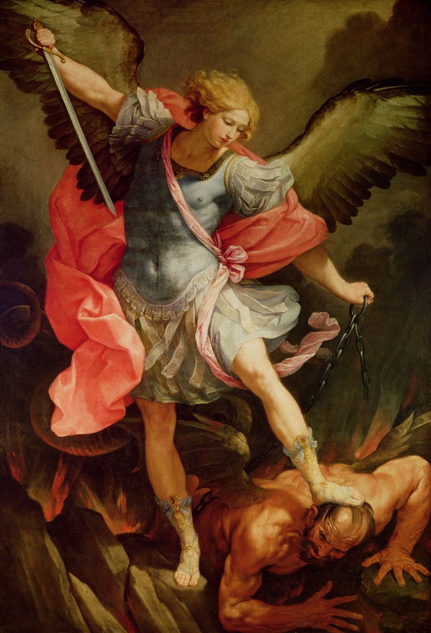 The Archangel Michael defeating Satan (oil on canvas) av Guido Reni