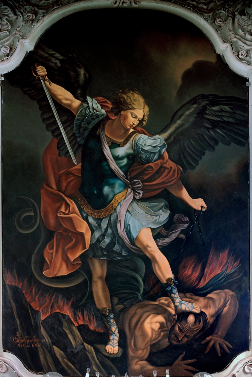 Erkeengelen Saint Michael Terrassing the Dragon Maleri av VM De Girolamo (20. århundre) etter Guido Reni. 1957 av Guido Reni
