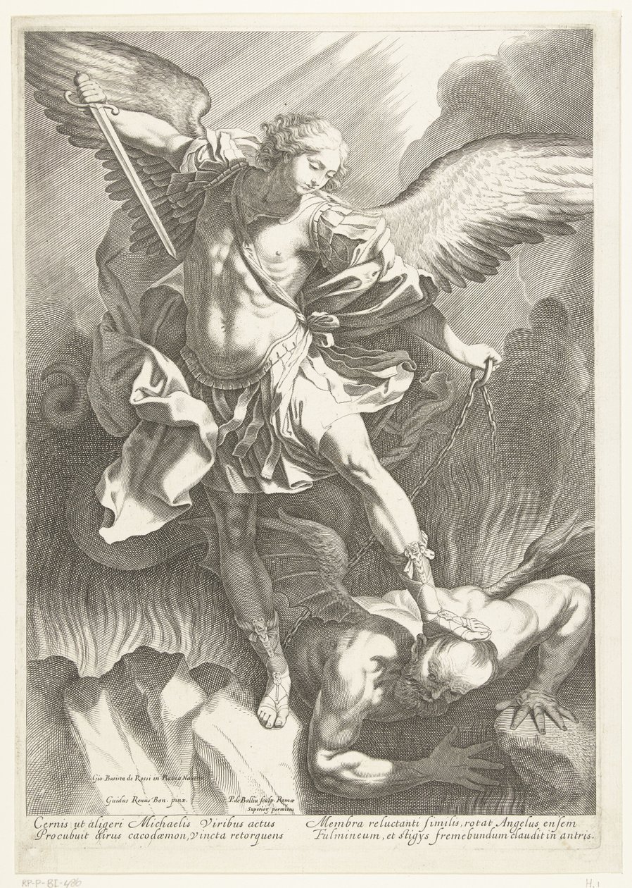 Erkeengelen St Michael beseirer djevelen, gravert av Pieter de Bailliu, 1623-60 av Guido Reni