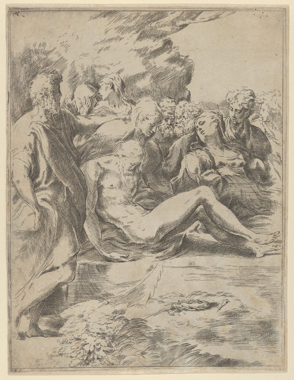 Gravleggingen, Kristus med utstrakte ben, Jomfruen til høyre, 1590-1600. av Guido Reni