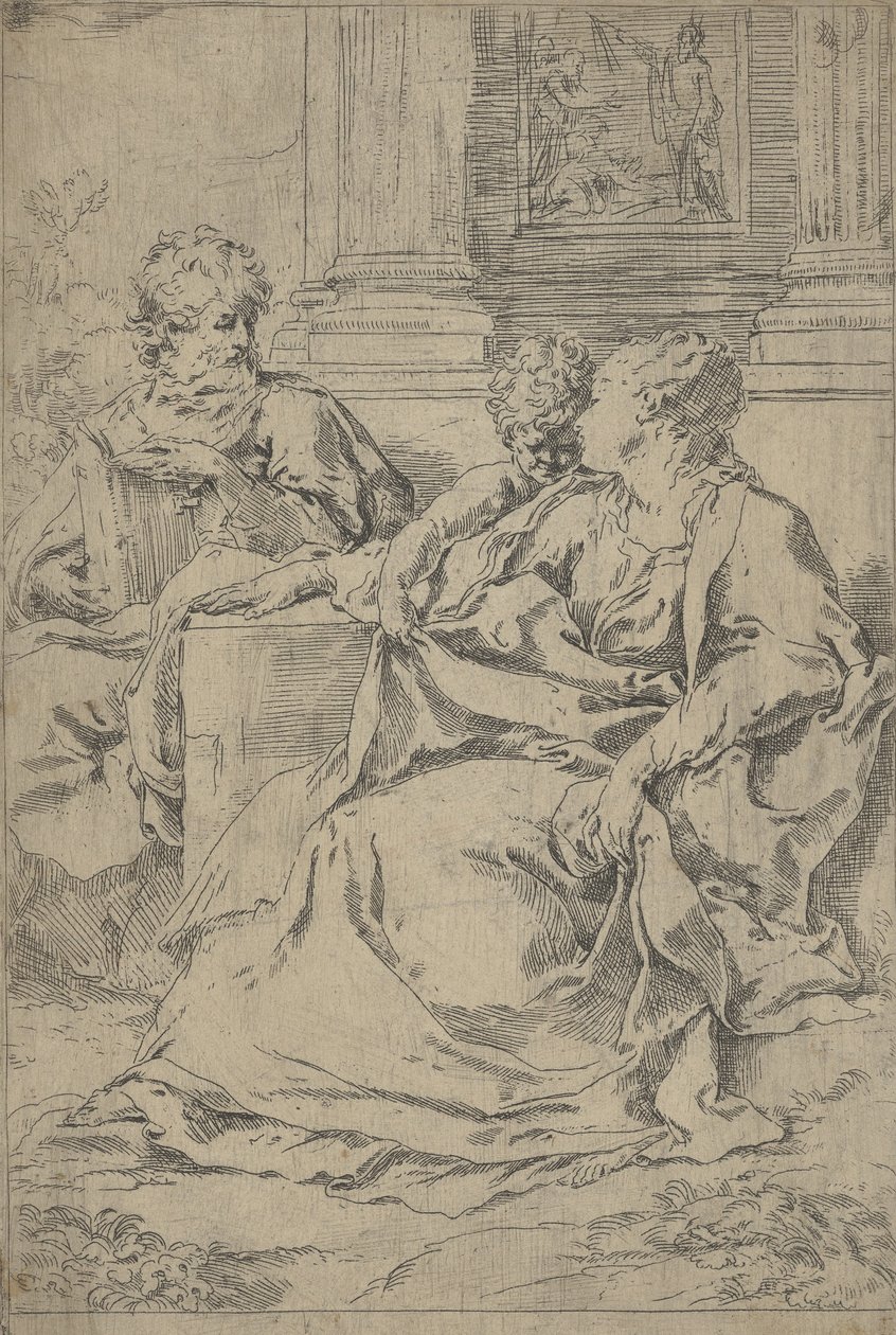 Den hellige familie satt sammen foran en søylegang, Saint Joseph leste og..., ca. 1590-1610. av Guido Reni