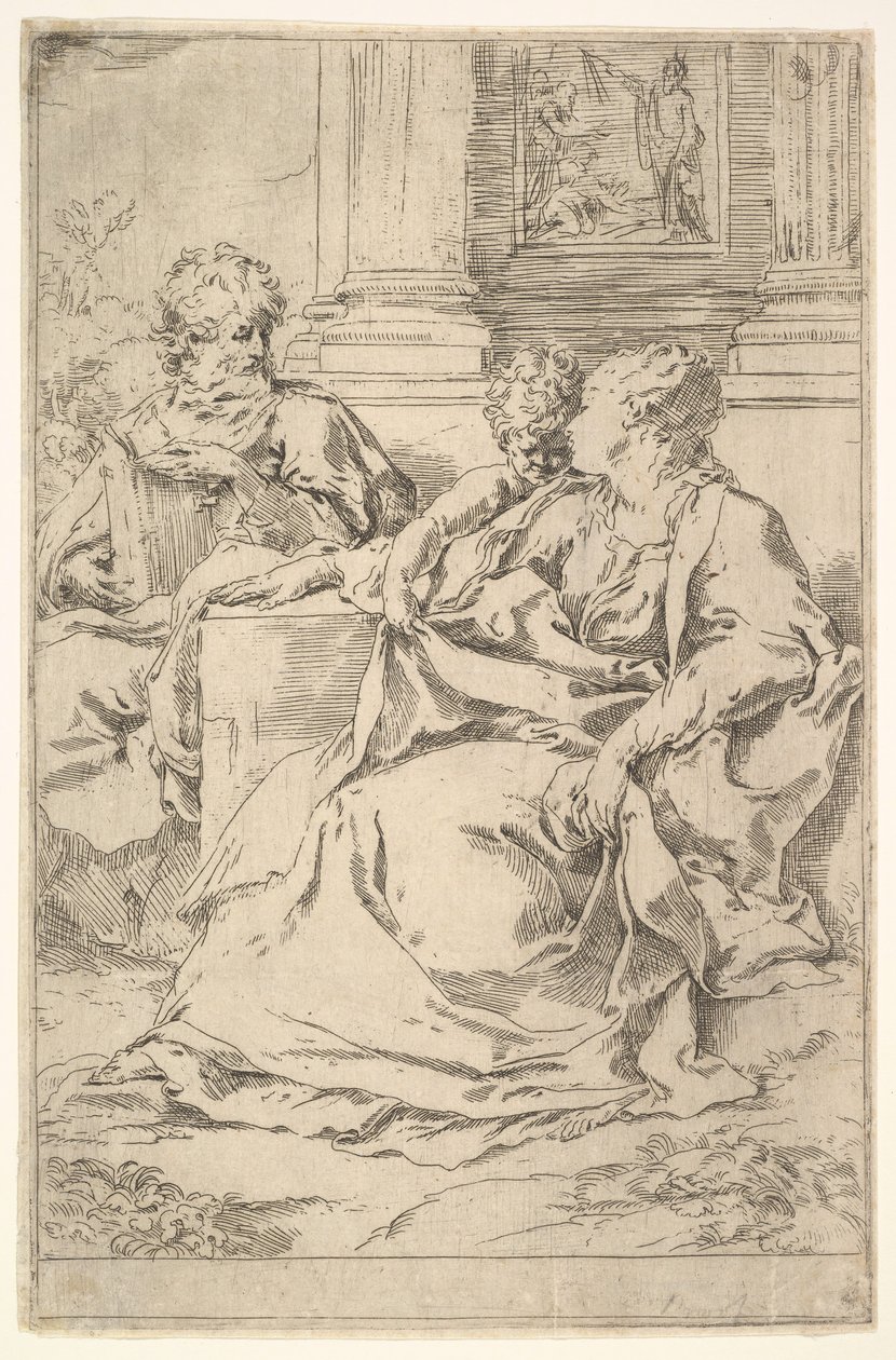 Den hellige familie med bibelsk scene i bakgrunnen. av Guido Reni