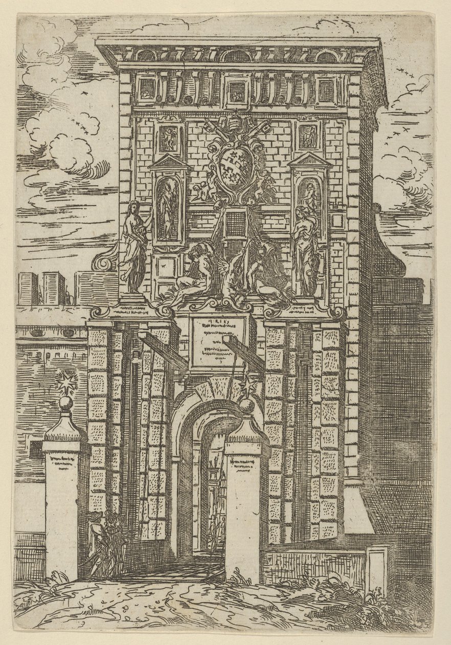 Porta Galliera, inngangsporten til Bologna og vindebro med midlertidige dekorasjoner..., 1598. av Guido Reni