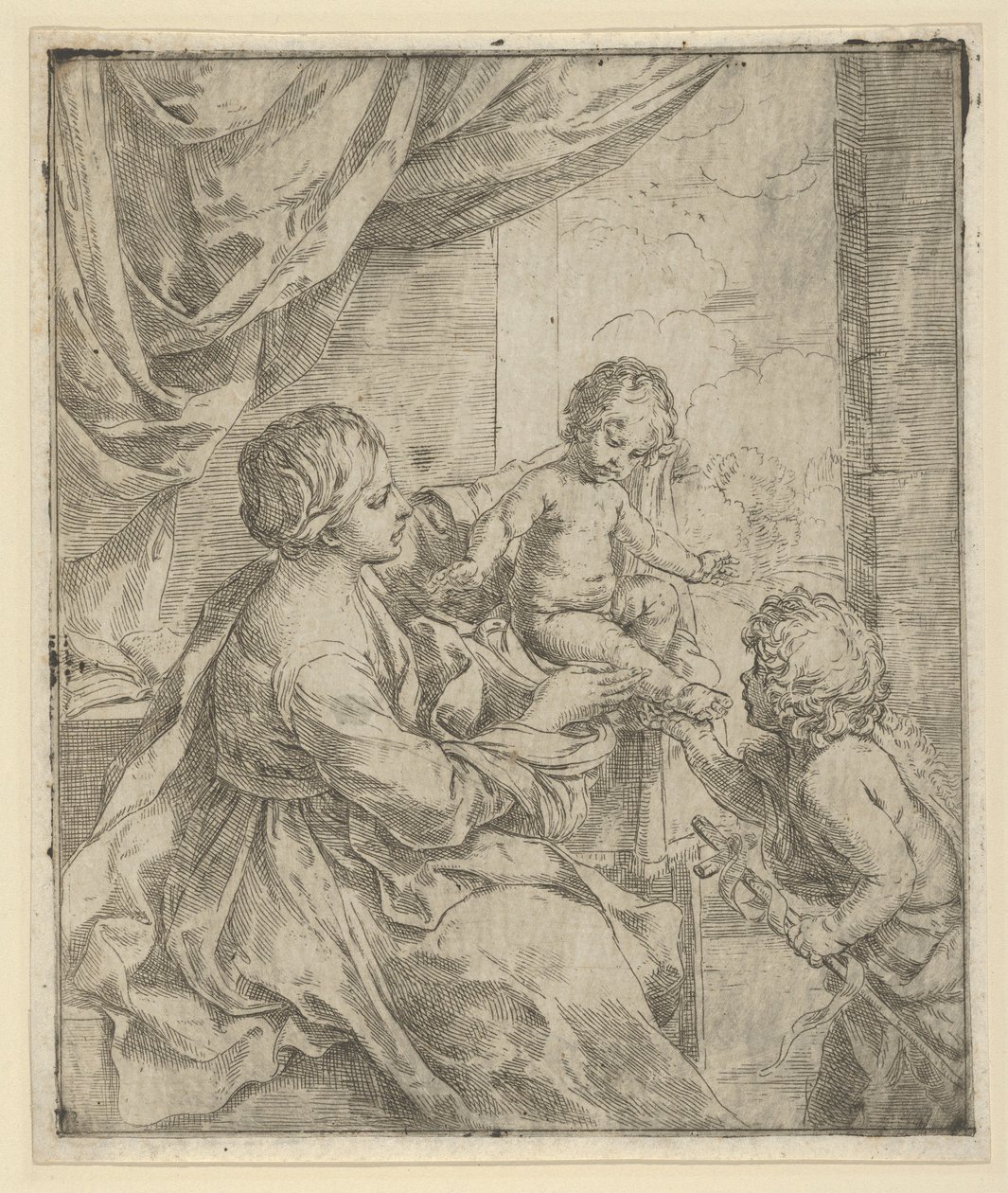 Jomfruen og barnet ved et bord med den unge døperen Johannes, ca. 1600-1640. av Guido Reni
