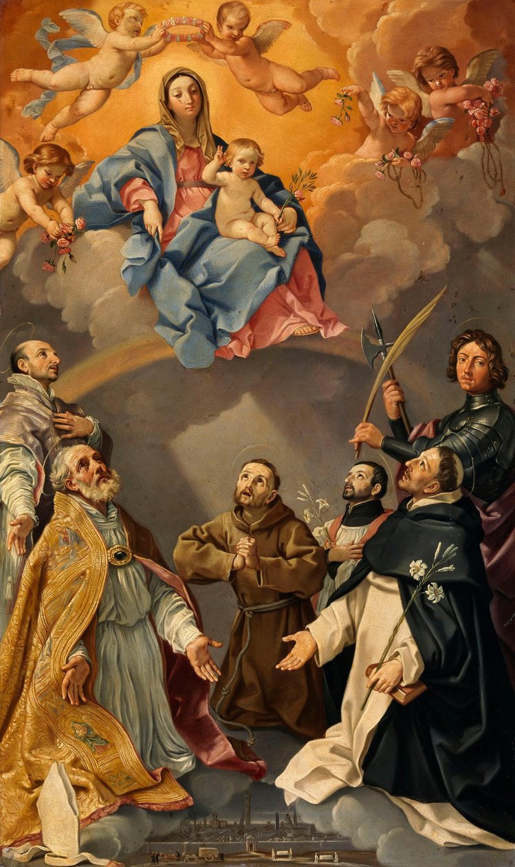 Jomfruen og barnet med skytshelgenene for byen Bologna (Sankt Ignatius av Loyola, Petronius, Procolus, Frans av Assisi, Frans Xavier, Dominikus og Florianus) av Guido Reni