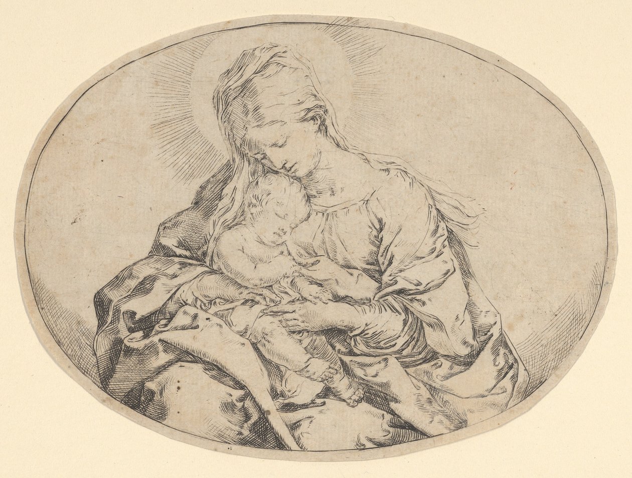 Jomfruen som holder spedbarnet Kristus, en oval komposisjon, ca. 1600-1640. av Guido Reni