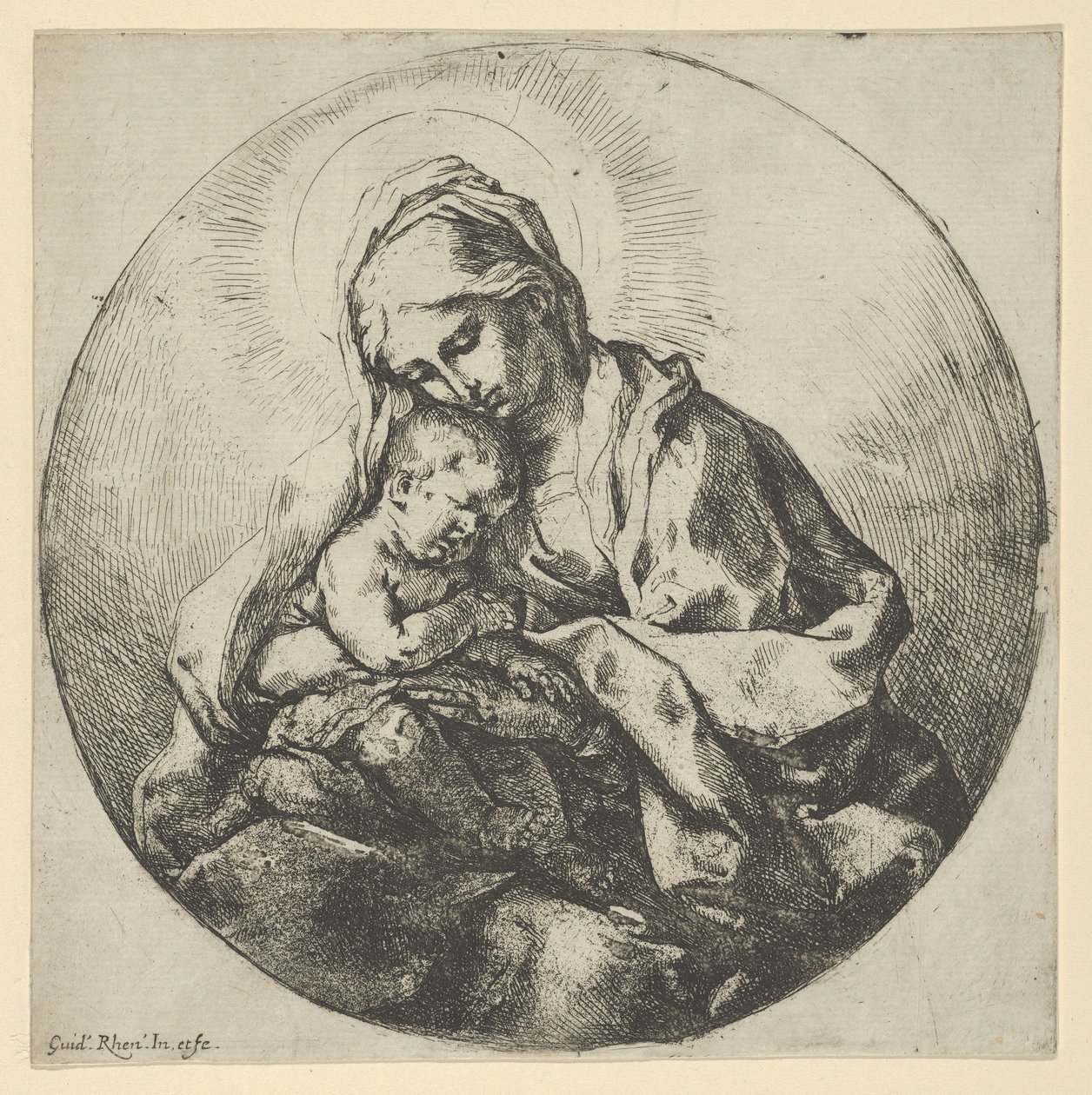 Jomfruen holder spedbarnet Kristus med fingrene på høyre hånd skjult, en ..., ca 1600-1640. av Guido Reni