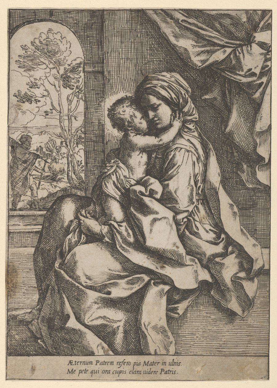 Jomfruen satt med Kristusbarnet på fanget og omfavnet henne, Joseph så..., ca. 1600-1613. av Guido Reni